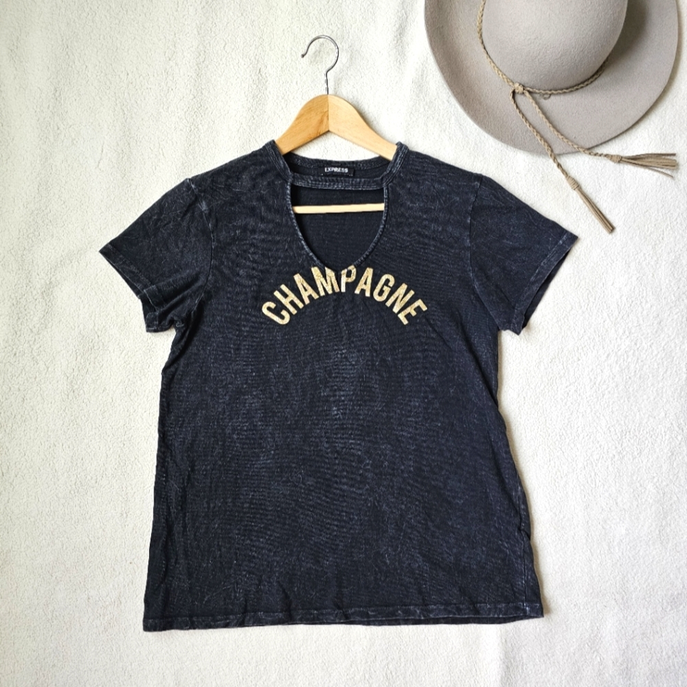 Express “Champagne” Graphic Tee Washed Black Burnout V-Neck Cutout Top S